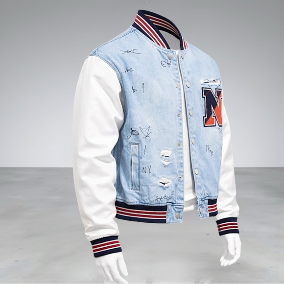 Fashion Nova Men’s Light Blue & White Graffiti Denim Varsity Jacket - Picture 7 of 13
